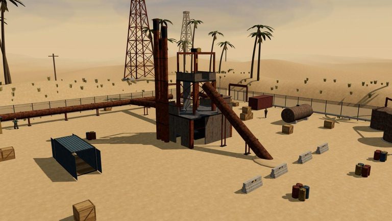 The Pumpjack map: a desert oil field with a red derrick tower, pipelines and tanks